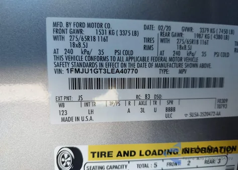 2020 Ford Expedition Xl z USA, uszkodzony, nr VIN 1FMJU1GT3LEA40770